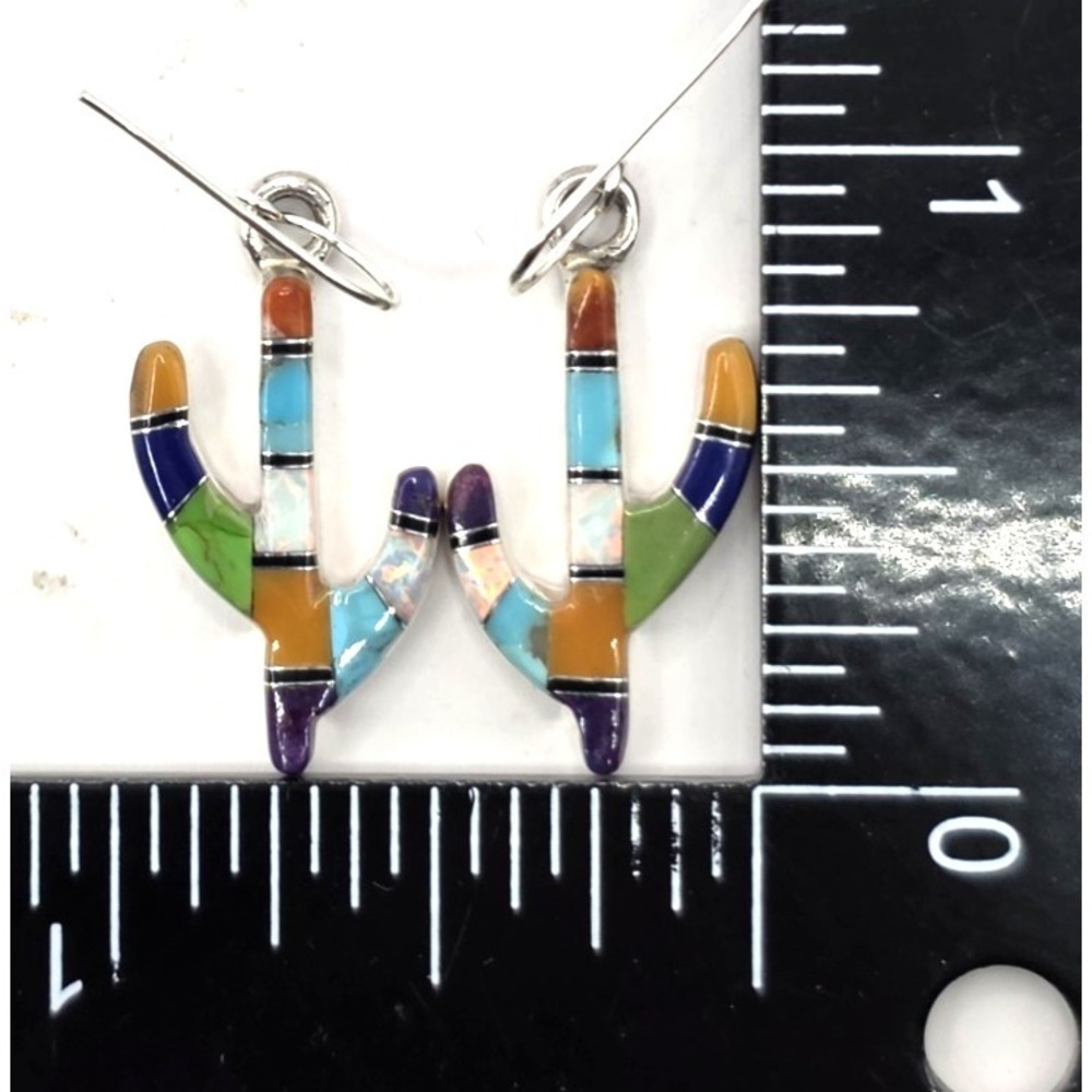 Multi-Gemstone Cacti Earrings Sterling Silver Inlays 0.94" Handmade Signed NEW - Picture 8 of 13